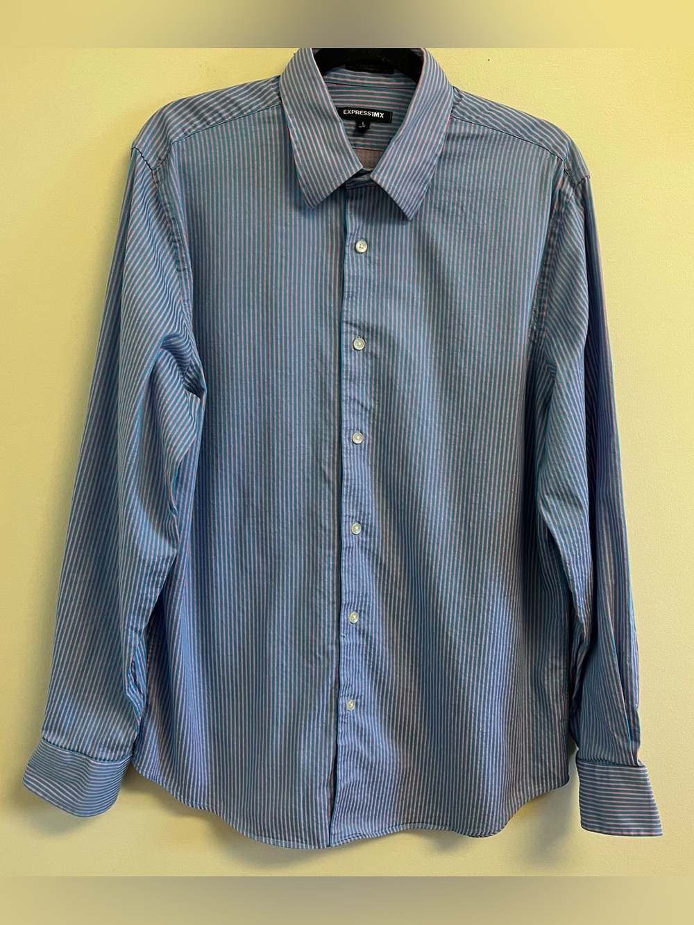 Mens Shirt Large Long Sleeve Stripe Blue Pink Cotton Spandex Career Express 1MX